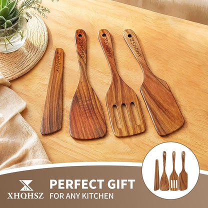 Natural Teak Wood Cooking Utensils, Wooden Spatula Set with Paddle, Turner, Slotted Spurtle & Scraper, Long Ergonomic Handle, Safe for Non-Stick Pans (4 Pack)7