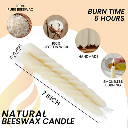 2PCS 7-Inch Pure Beeswax Spiral Taper Candles, Cream White, Dripless3