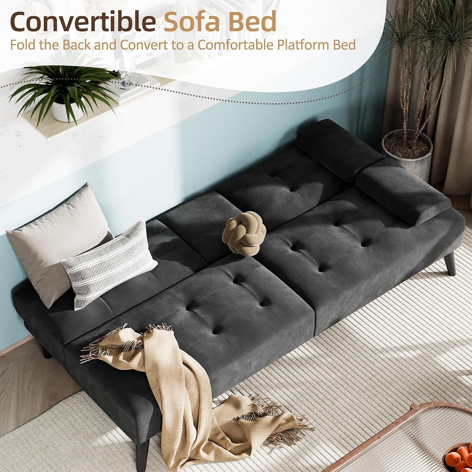 64-futon-sofa-bed-velvet-foldable-couch-upholstered-loveseat-sofa-couch-with-folding-cup-holders-reclining-sleeper-with-removable-armrests-for-home-office-black