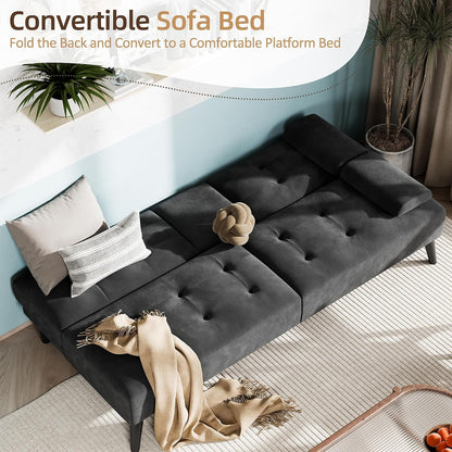 64" Futon Sofa Bed, Velvet Foldable Couch, Upholstered Loveseat Sofa Couch with Folding Cup Holders, Reclining Sleeper with Removable Armrests for Home, Office, Black4