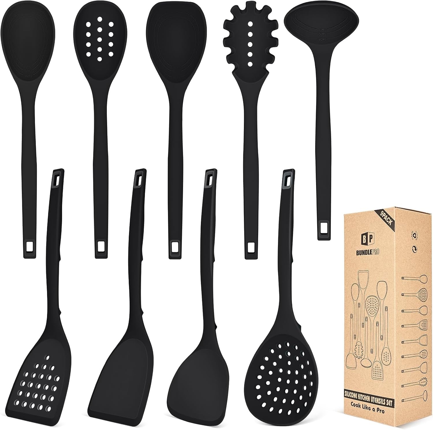silicone-cooking-utensils-set-9-pcs-heat-resistant-kitchen-utensils-with-back-hooks-bpa-free-kitchen-tools-with-spatulas-spoons-skimmer-and-pasta-fork-for-non-stick-cookware-black