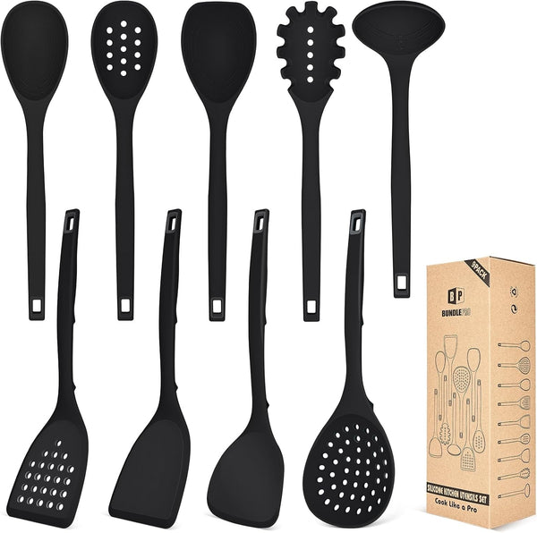 Silicone Cooking Utensils Set, 9 Pcs Heat Resistant Kitchen Utensils with Back Hooks, BPA Free Kitchen Tools with Spatulas, Spoons, Skimmer and Pasta Fork for Non Stick Cookware (BLACK)1