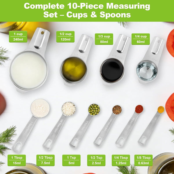 Stainless Steel Measuring Cups and Spoons Set of 10, Nesting Measuring Cup Set - 4 Cups 6 Spoons, Stackable Measure Cup Spoon Set for Dry & Liquid,Dishwasher Safe Kitchen Tools Cooking Baking Supplies2