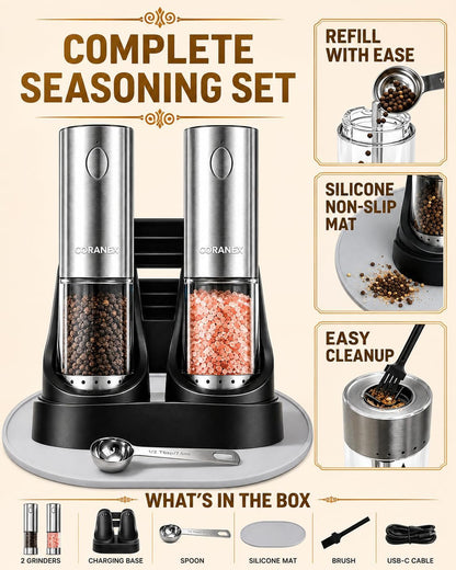 Electric Salt and Pepper Grinder Set，6-Level Adjustable Coarseness6