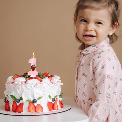 Strawberry-Shaped Berry Candles, Pink Number Candles, and Glittery Strawberry Cake Decorations, Perfect for Birthday and Anniversary Celebrations. (Number 1)5