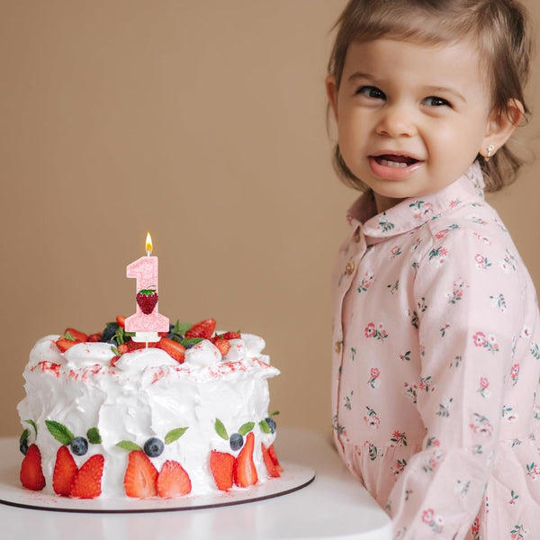 Strawberry-Shaped Berry Candles, Pink Number Candles, and Glittery Strawberry Cake Decorations, Perfect for Birthday and Anniversary Celebrations. (Number 1)5