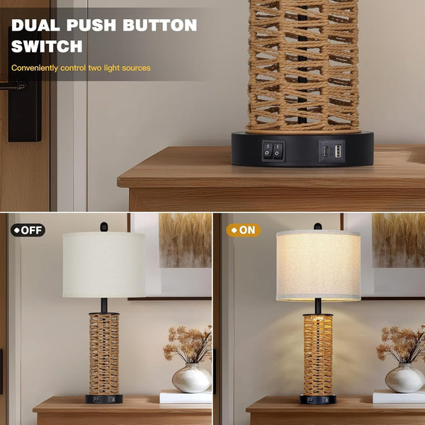 27" Boho Rattan Table Lamps Set of 2, Coastal Bedside Lamp with Night Light, Woven Wicker Bedroom Nightstand Lamps with USB A+C Charging Port, Tall Farmhouse Lamp for Living Room End Table3
