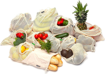 12+1 Reusable Produce Bags Grocery Washable, Organic Cotton Mesh Produce Bags, Double-Stitched & Tare Weigh, Mesh Bags for Vegetables, Cotton Produce Bags Reusable Washable, Produce Bag 4Xs, 4Xm, 4Xl5