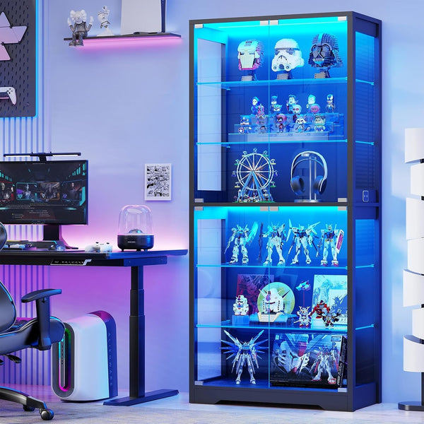 71" Tall Display Cabinet with Glass Door and 3-Color Lights, Black | 6-Tier Curio Cabinet for Collectibles, Display Case with Adjustable Glass Shelves, Human Body Sensor, Storage Cabinets8