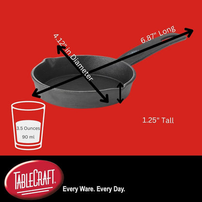 Products CW30122 Cast Iron Mini round Skillet 3⅝" Dia (6⅞" with Handle) X 1¼" D, 1.25" Height, 4.125" Width, 6.875" Length, CW301222