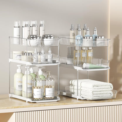 2 Sets of 3-Tier Bathroom under Sink Organizers and Storage, Multi-Purpose Stackable Pantry Organization and Storage, Pull Out Clear Kitchen Bathroom Cabinet Organizer with Movable Dividers2