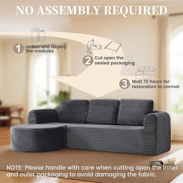 108” Modular Sectional Sofa, Boneless Couches for Living Room, Deep Seat L-Shape Cloud Couch with Chaise, Comfy Sofa Freely Change Configurations No Assembly Required, Soft Plush Corduroy Fabric(Grey)8