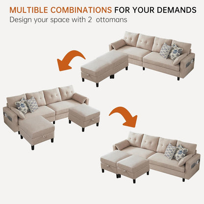 Sectional U Shape Sofa with Storage, 100" U Shaped 4 Seater Couch with 2 Movable Ottoman Chaises Polyester Fibre for Living Room, Beige6