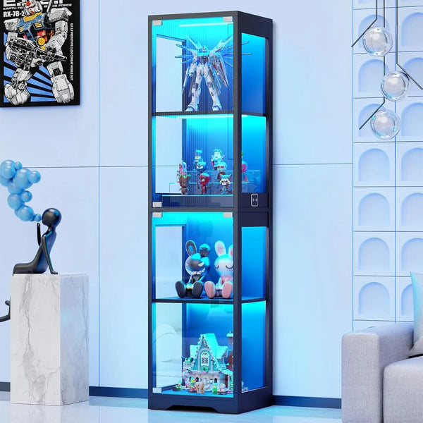 Glass Display Cabinet, Display Case for Collectibles, Black | 4-Tier Curio Cabinets with 3 Color Lights&Human Body Sensor, Storage Cabinet with Glass Door1