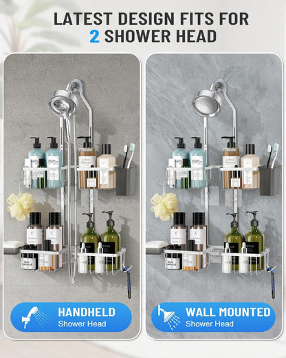 Adjustable Shower Caddy Hanging for Handheld Showerheads - Never Rust Shower Hanging Organizer, Upgraded Bathroom Shower Rack with Soap Basket, Hooks and Toothbrush Holder (Silver)3