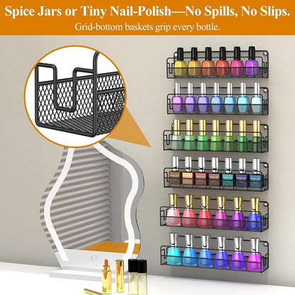 Wall Mounted Spice Rack Organizer, Pantry Door Organizer & Hanging Storage Baskets, Metal Spice Shelf for Kitchen Cabinet, 3 Depth Sizes Hold Large Jars to Nail Polish Bottles, 6 Pack6