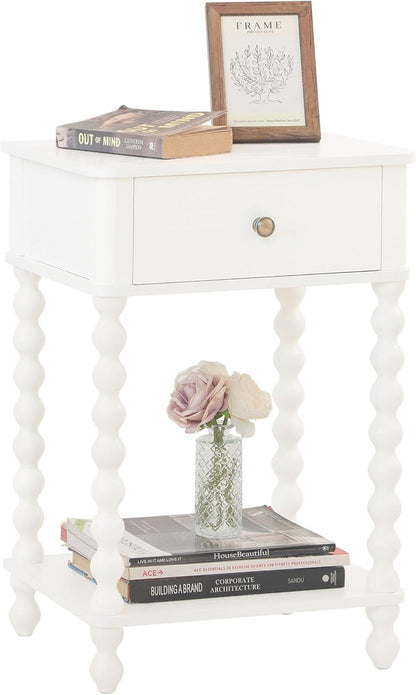 White Nightstand, Small Side Table with Drawer for Living Room, Farmhouse End Bedside Table with Spindle Wood Legs for Bedroom, Office, White1