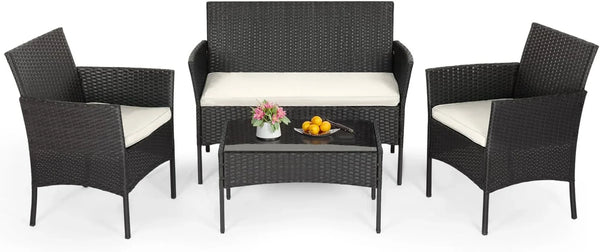 4-Piece Patio Furniture Set | Black | Outdoor Wicker Furniture | with Coffee Table | Modern Rattan Chairs Conversation Set | Outdoor Seating | Weather-Resistant | for Porch, Garden, Lawn1