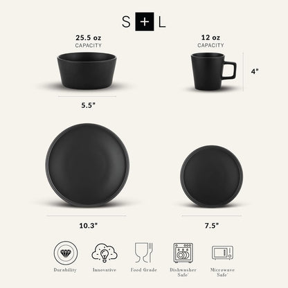 Stone Lain Celina Stoneware 16 Piece Dinnerware Set, Plates and Bowls, Black Matte Dish, Service for 4 – Minimalist round Style, Microwave & Dishwasher Safe2