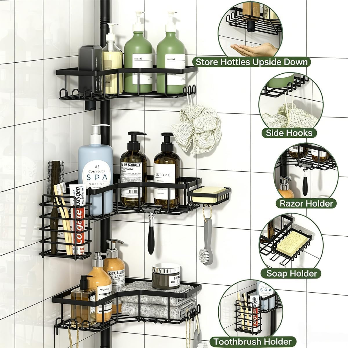 shower-caddy-tension-pole-adjustable-43-5-120-inch-corner-shower-organizer-no-drill-rustproof-stable-4-tier-bathroom-storage-shelves-built-in-towel-rack-toothbrush-holder-soap-dish