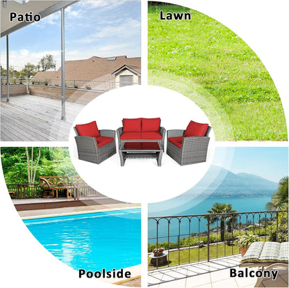 4 Pieces Patio Rattan Furniture Set, Outdoor Wicker Sofa Set with Tempered Glass Coffee Table, Cushions, All Weather Rattan Conversation Set for Yard Balcony Backyard Pool (Red)6