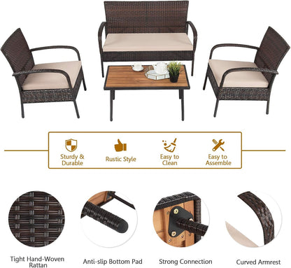 4PCS Patio Rattan Furniture Set Outdoor Conversation Set Coffee Table W/Cushions7