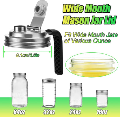 Mason Jar Pour Spout Lid Stainless Steel with Handle, Wide Mouth Pour Spout Flip Cap Lids for Mason Jars, Anticracking Leak Proof Seal Cover Airtight for Drinking Salad Dressing & Food Storing(2Pcs)2