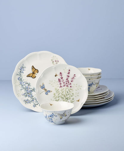 Butterfly Meadow Herbs Porcelain 12-Piece Dinnerware Set for 42