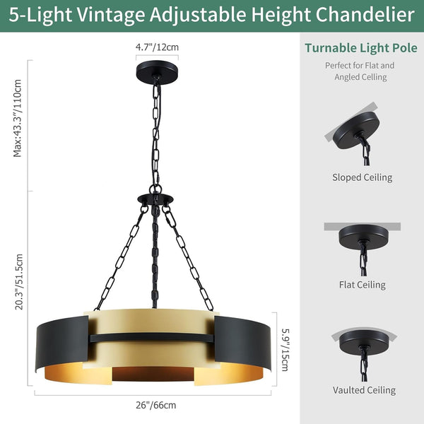 26" Industrial Modern Chandelier, 5-Light Black & Gold Drum Pendant3