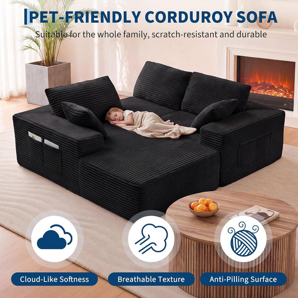 110" Boneless Cloud Sectional Couch for Living Room, L Shaped 3 Seater Modular Corduroy Sofa with Chaise, Deep Seated Oversized Boneless Couches, Compressed Sofa in a Box, No Assembly, Black3