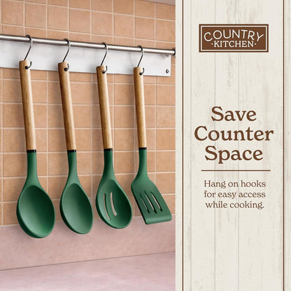 Non Stick Silicone Utensil Set with Rounded Wood Handles for Cooking and Baking, 8 Piece Set, Green8