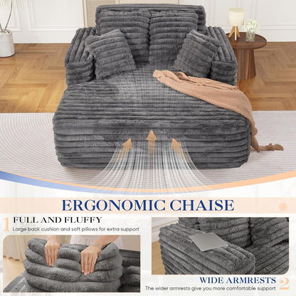Oversized Chaise Lounge Indoor, Modern Plush Faux Fur Fabric Deep Seat Boneless Memory Foam Sleeper Chaise Lounge Sofa Chair with Pillows for Living Room Bedroom Studio, No Assembly Couch, Grey6