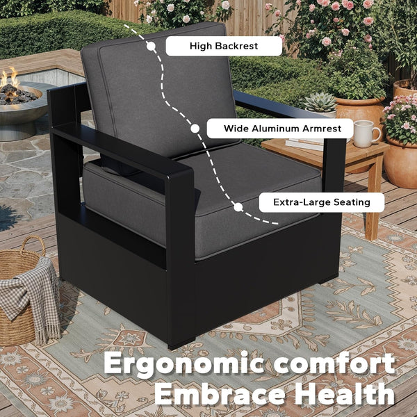 Outdoor Aluminum Furniture Set, 4-Piece Patio Conversation Set, 2 Swivel Chairs, 1 Sofa and 1 Table, All-Weather Metal Frame, 6" Thick Removable Cushions, Deep Setting for Garden, Poolside and Porch4