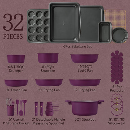 32Pcs Pots and Pans Set Non Stick, Detachable Handle Cookware Sets | Bakeware and Kitchen Gadgets, Space Saving, Dishwasher & Oven Safe, Non-Toxic, for Camping/Rv/Traveling, Purple2