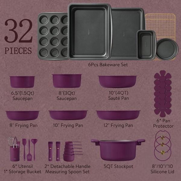 32Pcs Pots and Pans Set Non Stick, Detachable Handle Cookware Sets | Bakeware and Kitchen Gadgets, Space Saving, Dishwasher & Oven Safe, Non-Toxic, for Camping/Rv/Traveling, Purple2