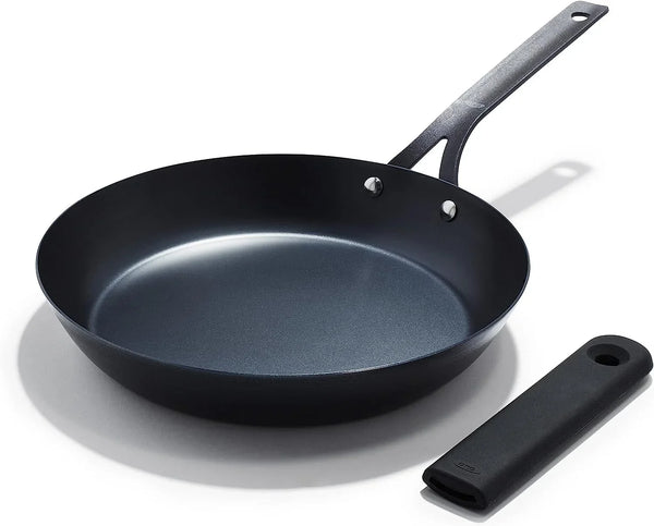 OXO Obsidian 12" Carbon Steel Frying Pan, Pre-Seasoned Skillet, Builds Natural Nonstick with Use, Induction Ready, Oven Safe, Removable Silicone Handle1