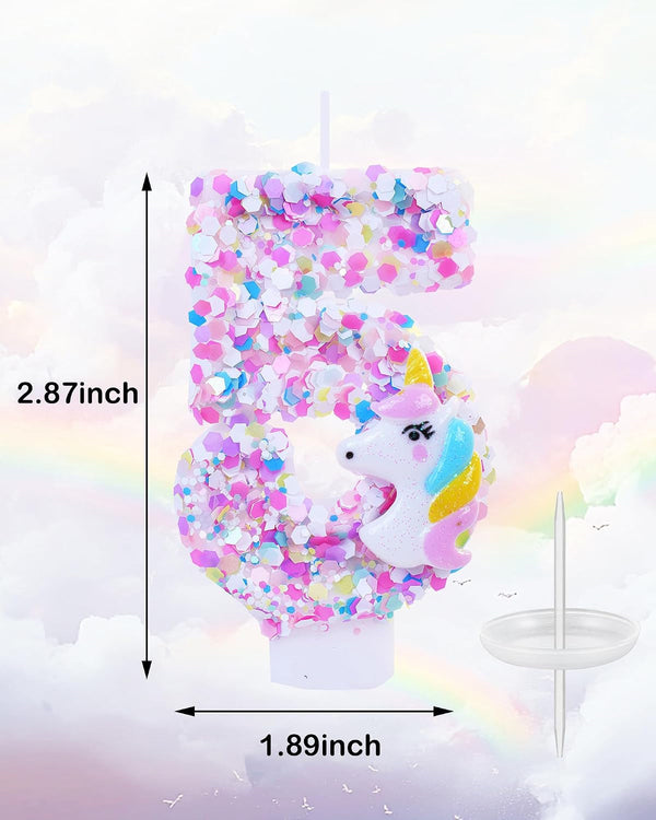 Unicorn Themed Birthday Candles,Number 5 Cartoon Birthday Party Supplies,Birthday Decorations for Gir,2.87 Inch Cake Topper Decorations (Unicorn Themed, Number 5)2
