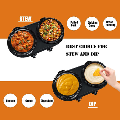Double Slow Cooker, Buffet Servers and Warmers, Dual 2 Pot Slow Cooker Food Warmer, Adjustable Temp Dishwasher Safe Removable Ceramic Pot Glass Lid, 2 X 1.25 QT Portable Small Crock Cooker3