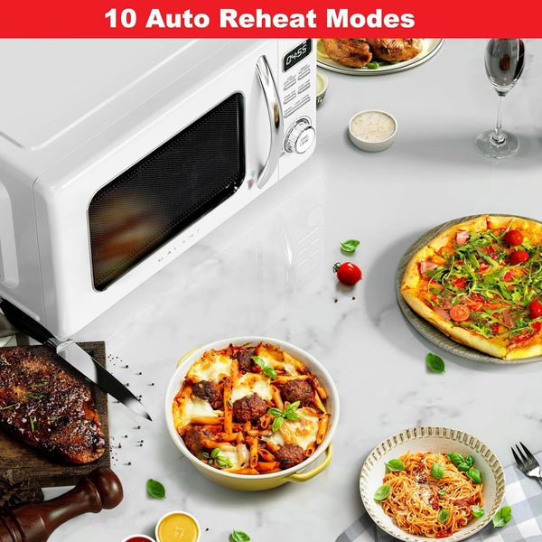 GLCMKZ11WER10 Retro Countertop Microwave Oven with Auto Cook & Reheat, Defrost, Quick Start Functions, Easy Clean with Glass Turntable, Pull Handle 1.1 Cu. Ft, White2
