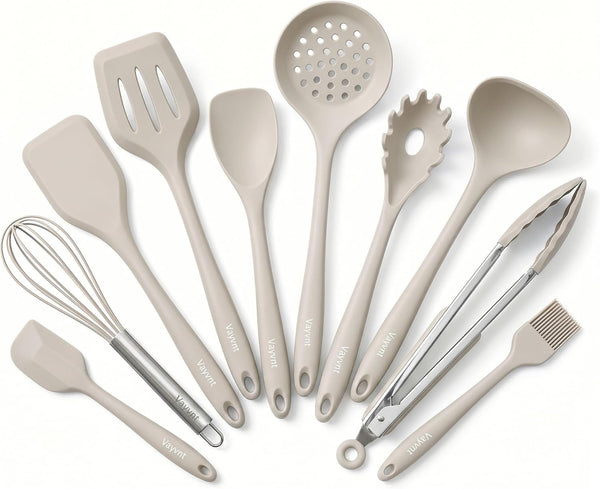 Silicone Kitchen Utensils Set, 10PCS Heat Resistant Utensils, Khaki1