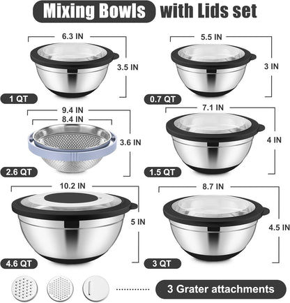 Stainless Steel Mixing Bowls with Lids & Colander, 15PCS2