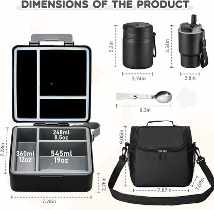 Lunch Box Set with Bento Box Container, 17OZ Stainless Steel Food Soup Thermo, Kids Water Bottle & Portable Insulated Lunch Bag – Leakproof, Hot/Cold Retention for School, Travel (Black)7