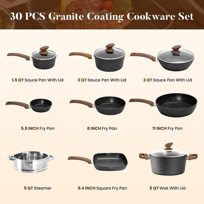 Induction Cookware & Bakeware Set, 30Pcs Pots and Pans Set | Nonstick Kitchen Cookware Sets, Granite Cooking Pan and Pot Set, All-Stovetop Compatible, Pfos/Pfoa-Free, Black7