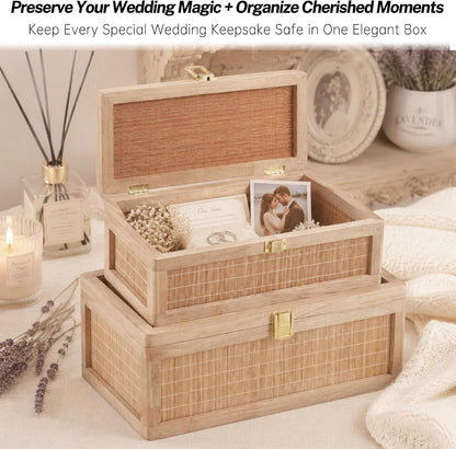 Natural Bamboo Decorative Box with Lids, Unique Decorative Boxes Set of 2, Boho Wedding Keepsake Box, Memory Box with Lid for Crafts, Trinkets and Photo Storage5