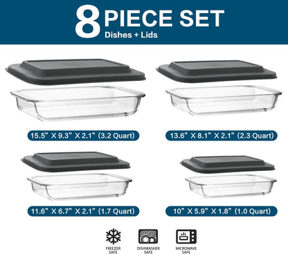 8 Piece Deep Glass Baking Dish with Lids, BPA Free,Gray | Rectangular Glass Bakeware Set, Baking Pans for Lasagna, Casserole Dishes, Microwave, Oven, Freezer, Dishwasher2