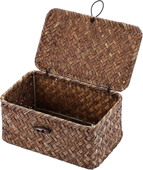 Handwoven Wicker Basket with Lid Small Desktop Seagrass Organizer1