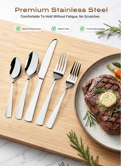 Silverware Set for 8, 45 Piece Stainless Steel Kitchen Utensils Cutlery Set | Gift Package for Wedding Housewarming, Heavy-Duty Steak Knife Fork and Spoon, Dishwasher Safe, Ergonomic Design, Flatware Set4