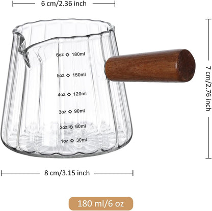 6 Oz Glass Measuring Cups with Spout,Borosilicate Glass Triple Pitcher with Scale,Origami Style Espresso Shot Glasses with Wood Handle for Coffee Milk,Dishwasher Safe6