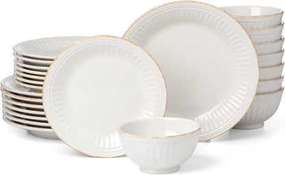 French Perle Groove White Stoneware 24-Piece Dinnerware Set for 81