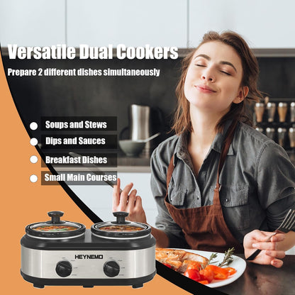 Double Slow Cooker, Buffet Servers and Warmers, Dual 2 Pot Slow Cooker Food Warmer, Adjustable Temp Dishwasher Safe Removable Ceramic Pot Glass Lid, 2 X 1.25 QT Portable Small Crock Cooker2